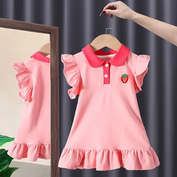 Платье для девочек, лето 2023, новое платье для маленьких и средних размеров, детская юбка принцессы, розовая клубника, детский мультфильм
