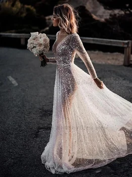 Роскошные сверкающие свадебные платья, сексуальные свадебные платья принцессы с глубоким V-образным вырезом и длинным рукавом трапециевидной формы, кружевные платья без спинки 2023 Vestido De Noiva