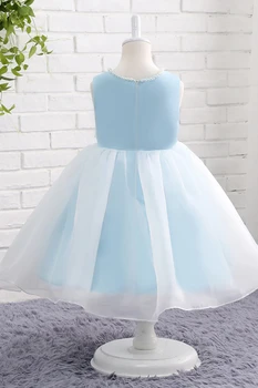 Светло-голубое платье для девочки-цветочницы с жемчужным круглым вырезом и белым 3D цветочным тюлевым подолом, подходит для свадебной вечеринки, Дня рождения, Первого причастия