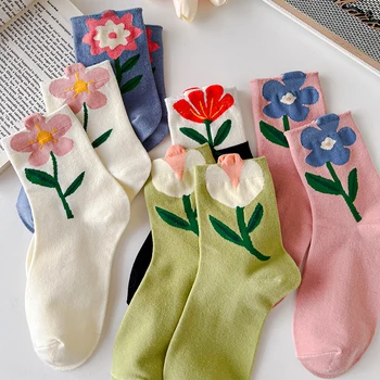 Летние Новые носки в цветочек средней длины, универсальные носки с ворсом в виде тюльпана, милые модные женские носки, универсальные носки