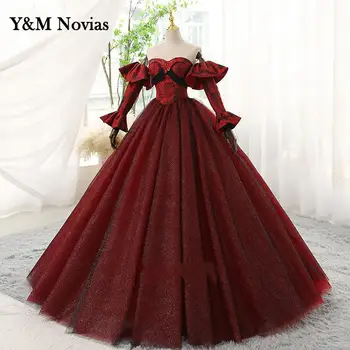 Y & M Novias Милое Бальное платье Темно-красного цвета, Пышные платья Для 15 вечеринок, Модная аппликация, Платье С открытыми плечами, Съемный рукав