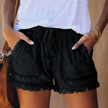 Женские короткие джинсы на шнуровке с высокой талией, Летние Модные, сексуальные Рваные джинсовые шорты, повседневные тонкие шорты с эластичной резинкой на талии, Винтажная уличная одежда