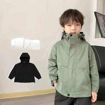 2023 Модная детская одежда Для мальчиков, уличная одежда с капюшоном, пальто в Корейском стиле, повседневная Осенне-весенняя куртка, ветровка G23