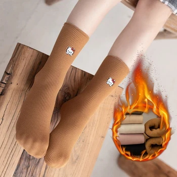 зимние бархатные носки для девочек, хлопковые носки с вышивкой kitty kt cat, детские длинные носки, очень толстые теплые детские чулки
