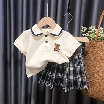 Летняя одежда для подростков и маленьких девочек 2023 года, комплект одежды для малышей, футболка polo bear JK, платье + плиссированная юбка в клетку, униформа