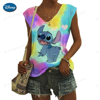 Женская футболка без рукавов в мультяшном стиле, жилет с V-образным вырезом и принтом Disney Stitch, Повседневные свободные рубашки, блузка, майка, майки, Уличная одежда