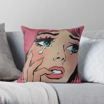 Розовый поп-арт Плачущая комическая девушка, горе, подушка, наволочки, Декоративная диванная подушка
