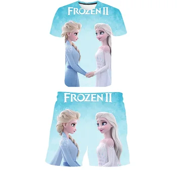 Комплект футболок Disney Princess Frozen Elsa для детей от 1 до 14 лет, летняя повседневная футболка для маленьких девочек + шорты, комплекты одежды из 2 предметов