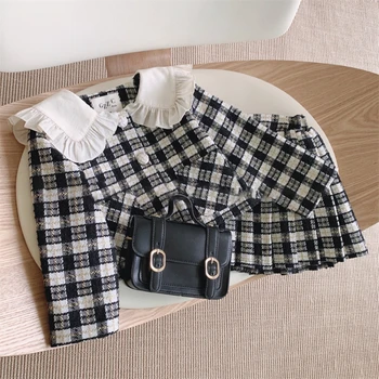 Новый весенне-осенний комплект детской одежды для маленьких детей, модный клетчатый костюм для девочек из 2 предметов, включая комплекты пальто + юбка