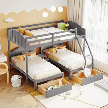 Двухместная двухъярусная кровать, бархатная трехъярусная кровать с выдвижными ящиками и перилами, серая