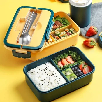 Портативный прямоугольный ланч-бокс Пластиковый материал для здоровья Bento Box 1000 мл Микроволновая ложка Посуда Контейнер для хранения продуктов Ланч