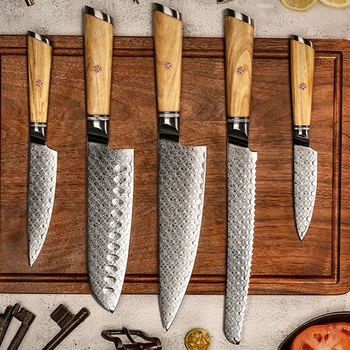 Кухонные ножи AUS10 67 слоев Лезвия из дамасской стали Острый кухонный тесак Santoku для нарезки овощей, нож для хлеба с деревянной ручкой