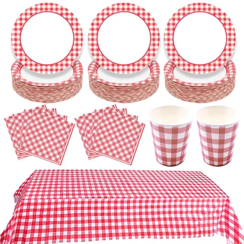 Набор посуды в пасторальную красно-белую клетку, Бумажные тарелки, Салфетки, Чашки, Прямоугольная Пластиковая скатерть для пикника, Посуда для дома