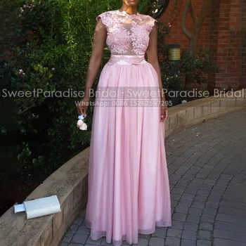 Аппликации Платья подружек невесты трапециевидной формы с V-образным вырезом без рукавов из светло-розового тюля с прозрачной горловиной, длинное праздничное платье, свадебное платье