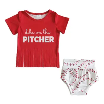 2шт. Детская Одежда, Бейсбольный набор с Питчером, Красный Топ с кисточками и буквенным принтом, Высококачественные Боди с коротким рукавом