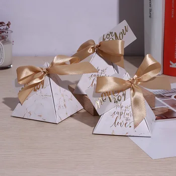 Оптовая продажа Мраморной подарочной коробки для конфет треугольной формы Спасибо Samll Бумажные коробки с лентой Свадебные сувениры для гостей