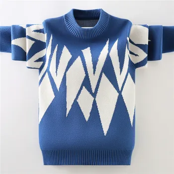 Зимний детский хлопковый свитер с геометрическим рисунком, детский пуловер с круглым вырезом, вязаный для мальчиков 4-15 лет, Весенне-осенняя одежда для сохранения тепла