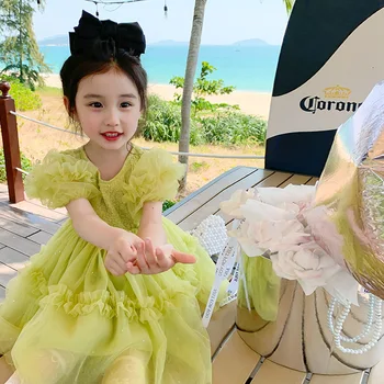Детское тюлевое платье принцессы с пышными рукавами для маленьких девочек, летний модный костюм Лолиты, прекрасная детская одежда из бутика