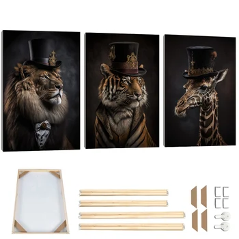 Джентльмен Плакат с тигром и львом В шляпе Абстрактное искусство Дикие животные Холст Картина в рамке Ретро Зебра Медведь Настенная картина Декор
