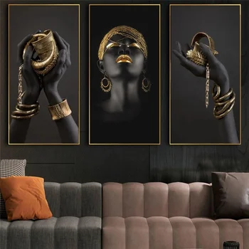 Домашняя декоративная настенная картина, руки и браслеты африканской женщины, картина на холсте, золотой черный плакат с портретом Wowen, декор стен в проходе