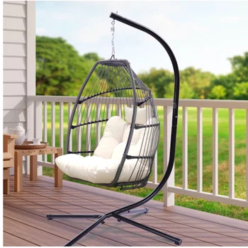 Плетеный Складной Подвесной стул для патио на открытом воздухе, Гамак-качели из ротанга, кресло-яйцо с подушкой