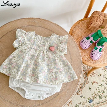 Lenoyn Летняя одежда для маленьких девочек в стиле Клубничного Пасторального сломанного цветка для маленьких девочек с летящими рукавами, милая одежда, ползунки