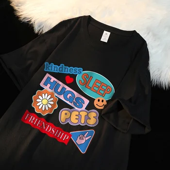 Корейская версия, Минималистичная Женская футболка с короткими рукавами и принтом этикеток, Повседневный Универсальный Тонкий Летний свободный топ с круглым вырезом